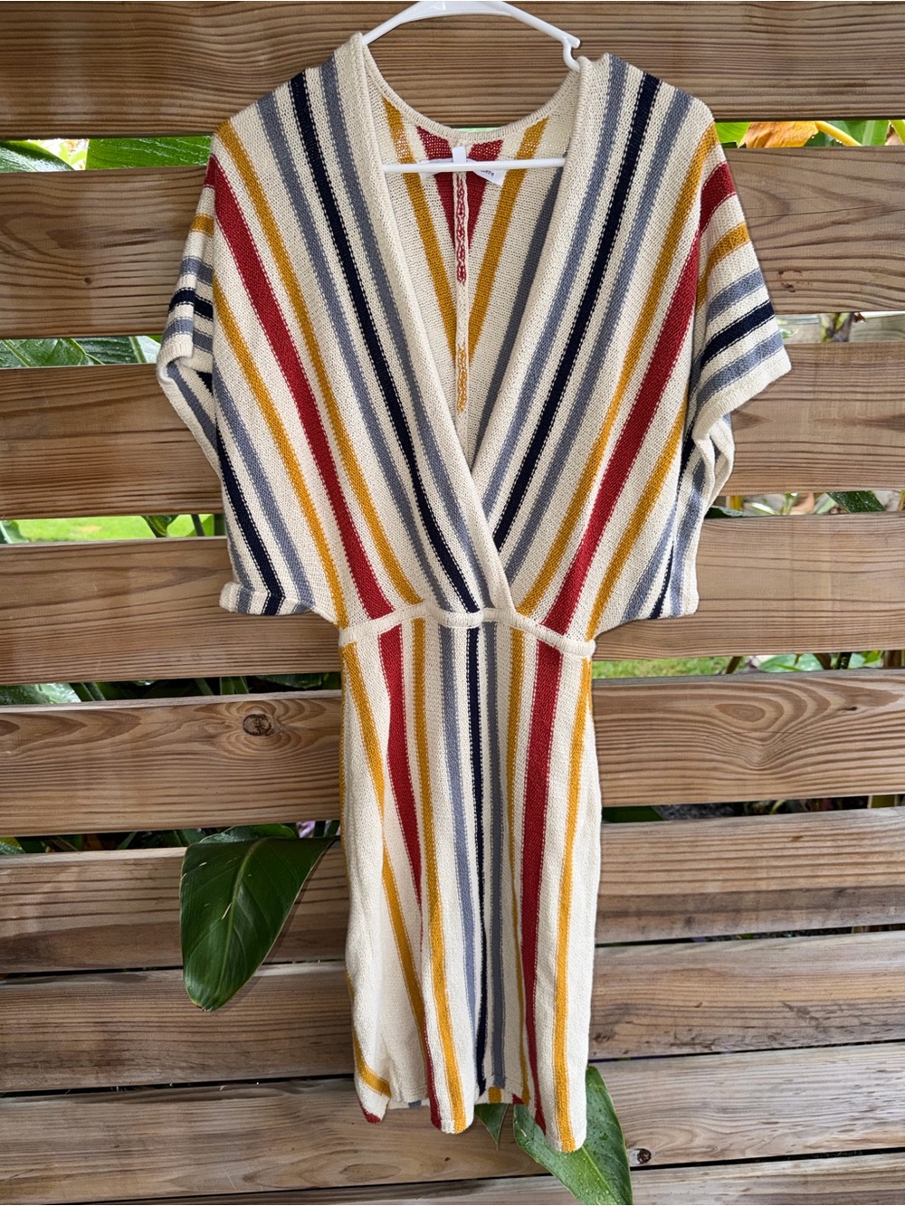 cupcakes & cashmere Cream Knit Dress with Red, Mustard & Navy Stripes